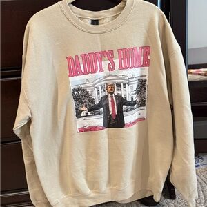 Beige Graphic Crewneck Sweater with Pink Print